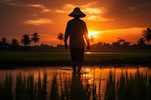 Farmer's silhouette against the backdrop of a stunning paddy field. Generative AI photo