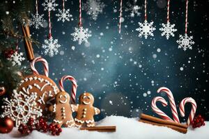 Christmas scene with gingerbreads and candy canes. Generative AI photo