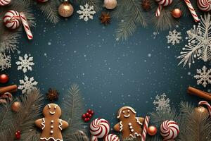 Christmas background with gingerbreads and candy canes. Generative AI photo