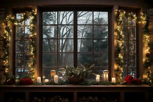 Window sill decorated with christmas lights and greenery. Generative AI photo