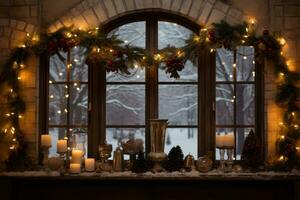 Window with candles and christmas wreaths in front of it. Generative AI photo