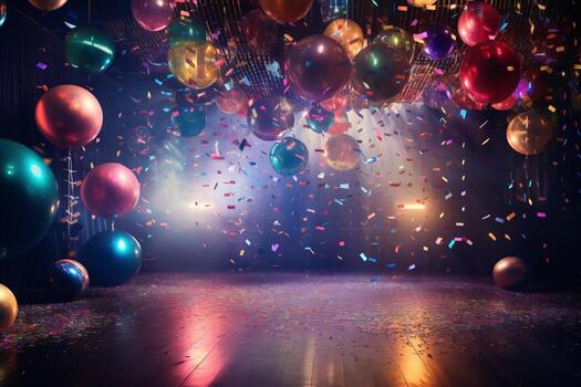 Room filled with lots of balloons and confetti. Generative AI photo