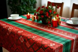 Festive table with a colorful tablecloth. Generative AI photo