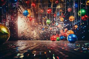 Room filled with lots of balloons and confetti. Generative AI photo