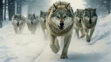 un grupo de lobos corriendo en el nieve. generativo ai foto