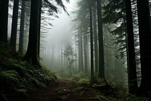Mysterious Forest with Settling Fog. Generative AI photo