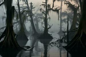 brumoso pantano con un denso bosque de arboles generativo ai foto