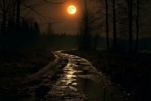 Full moon casting shadows on a spooky landscape. Generative AI photo