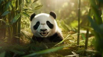 A panda bear sitting in the middle of a bamboo forest. Generative AI photo