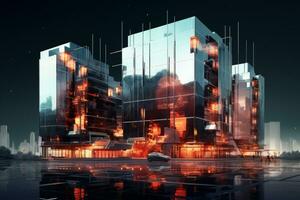 Futuristic city skyline with towering skyscrapers. Generative AI photo
