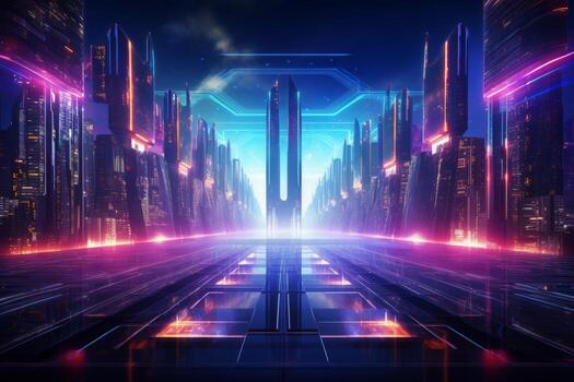 Futuristic tech backdrop with neon lights. Generative AI photo