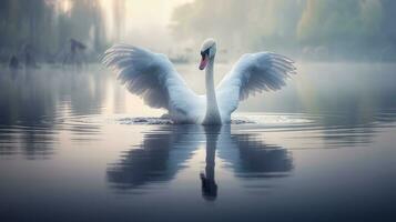 A swan with its wings spread out swimming in the water. Generative AI photo