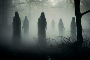 Ghostly figures emerging from the mist. Generative AI photo