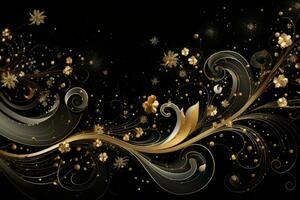 Glittering golden stars and swirls against a backdrop of deep black. Generative AI photo