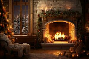 Glowing candles and a warm fireplace. Generative AI photo