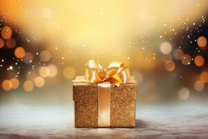 Golden gift box with a sparkling bow. Generative AI photo