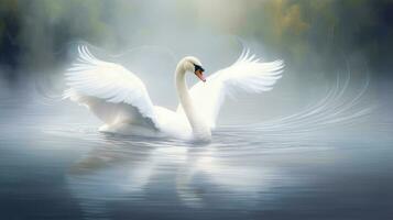 A white swan floating on top of a body of water. Generative AI photo