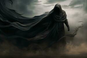 Grim reaper's cloak billowing in the wind.. Generative AI photo