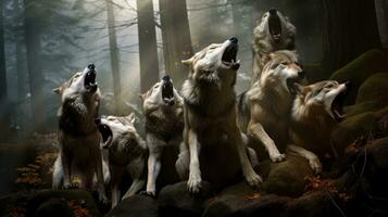 Group of timber wolves howling in unison. Generative AI photo