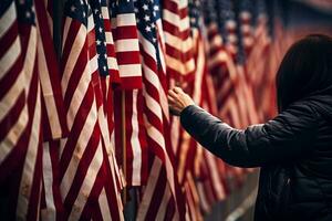 Flags at Memorial Wall on Patriot Day. Generative AI photo