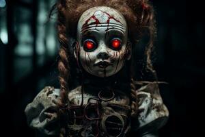 Haunted doll with glowing red eyes.. Generative AI photo