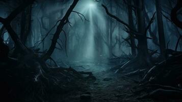 Haunted forest with fog and glowing eyes peering from the shadows. Generative AI photo