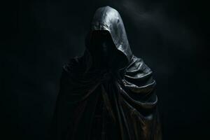 Hooded figure standing in the shadows.. Generative AI photo