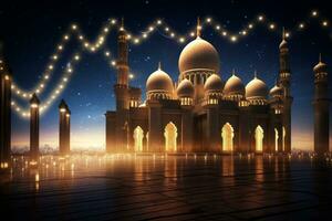 Illuminated mosque with decorative lights. Generative AI photo