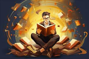 Joyful Bookworm Reading. Generative AI photo