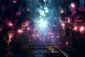 Spacious room illuminated by numerous lights. Generative AI photo