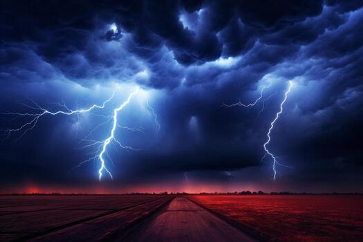 Lightning storm is seen over a runway. Generative AI photo