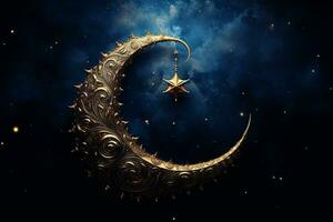 Islamic crescent moon on starry night. Generative AI photo