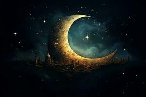 Islamic crescent moon on starry night. Generative AI photo