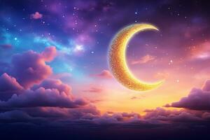 Islamic crescent moon on vibrant sky. Generative AI photo