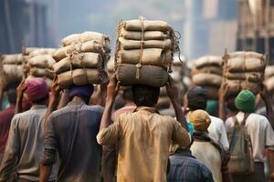 Laborers' back view underscores their commitment. Generative AI photo