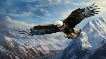 A painting of an eagle flying over a mountain range. Generative AI photo