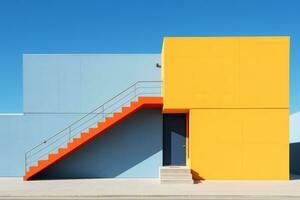 A yellow building with a staircase leading up to it. Generative AI photo