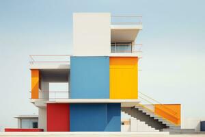 A multicolored building with a staircase leading up to it. Generative AI photo