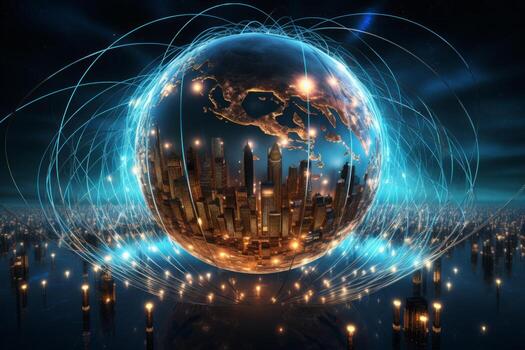 Sphere with a city in the middle of it. Generative AI photo