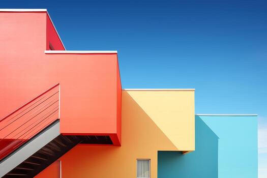 A colorful building with a staircase going up the side. Generative AI photo