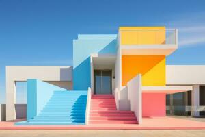 A multicolored building with stairs leading up to it. Generative AI photo