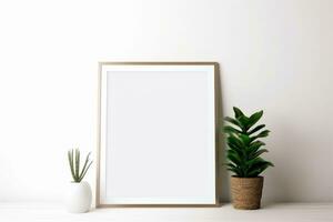 Picture frame and potted plant on a table. Generative AI photo