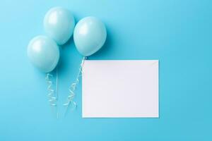 azul globos y un blanco tarjeta en un azul antecedentes. generativo ai foto