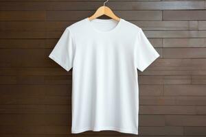 White t-shirt hanging on a wooden wall. Generative AI photo