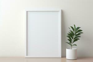 Potted plant next to a white picture frame. Generative AI photo