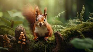 A red squirrel sitting on top of a moss covered forest. Generative AI photo