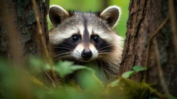 un mapache echar un vistazo fuera desde detrás un árbol. generativo ai foto