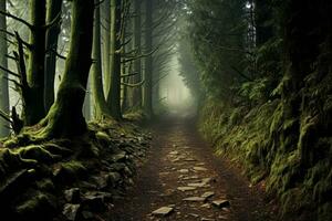 Mist-Shrouded Path to Secrets and Beauty. Generative AI photo