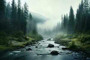 Misty forest and winding river. Generative AI photo