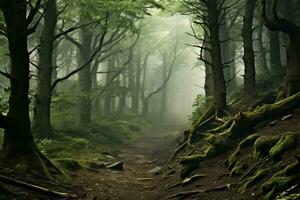 brumoso bosque creando un atmosférico natural escena. generativo ai foto